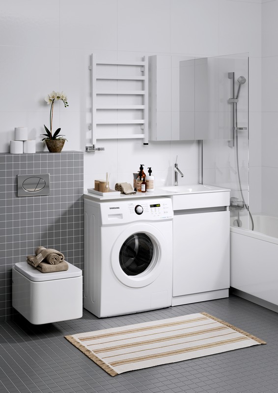 Forma напольная тумба с бельевой корзиной справа и двумя отсеками для хранения хозяйственных принадлежностей с умывальником с крылом под стиральную машинку 115 см AQWELLA FOR1104DR - Вид №4