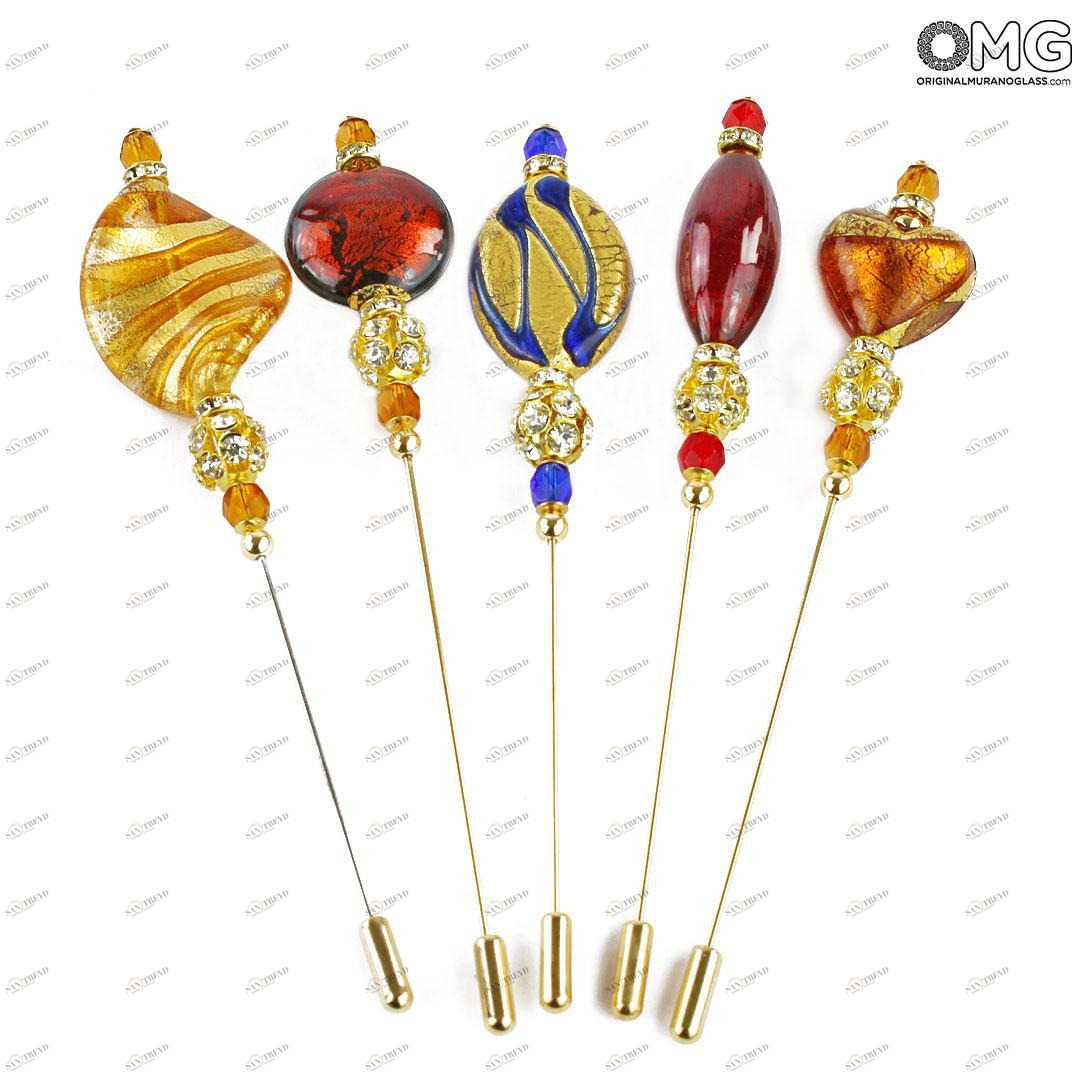 4043 ORIGINALMURANOGLASS Брошь-шпилька с золотом - муранское стекло OMG 12 см 