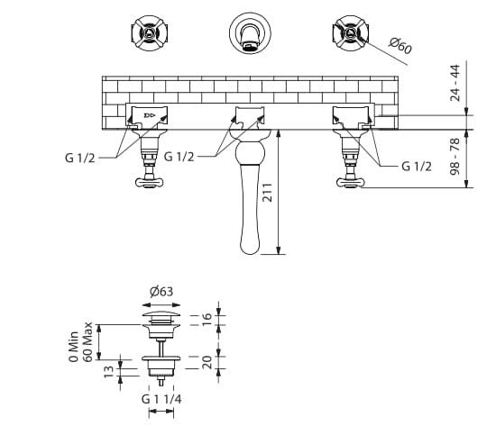 Настенный смеситель для раковины с 3 отверстиями Deco со сливом Park Avenue James ARCH-00056280 - Вид №2