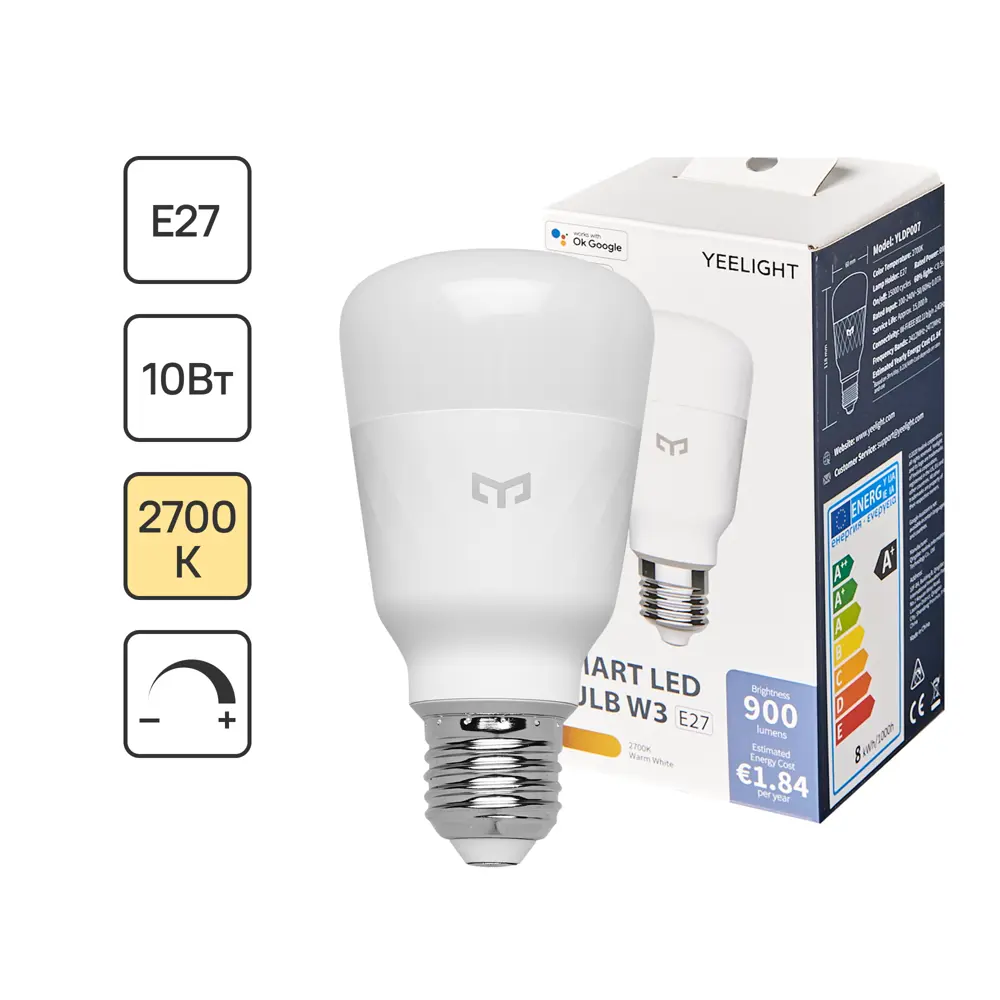 Лампа умная светодиодная Yeelight E27 200-240 В 10 Вт груша матовая 800 лм теплый белый свет для диммера 89193416 STLM-2163709 