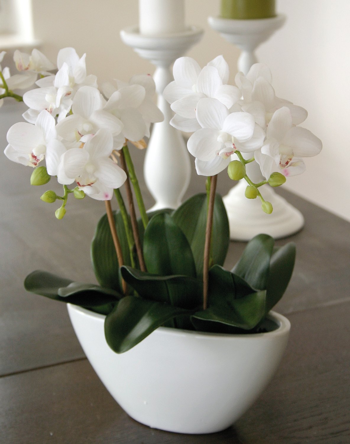 2609 777 a3 Пластиковая орхидея Phalaenopsis, 3-х кратная, в чаше, 38 см, real touch, белая H-andreas 