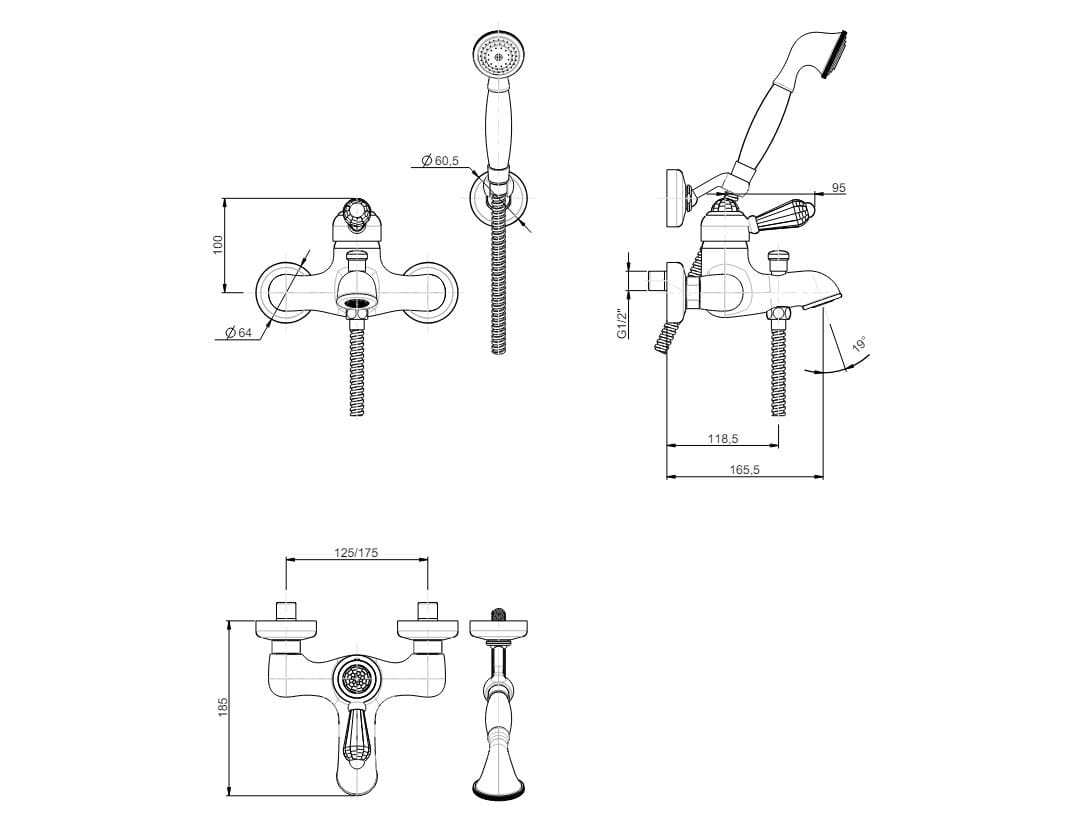 Настенный смеситель для ванны с ручным душем Rubinetterie Frattini Morgan ARCH-00030290 - Вид №2