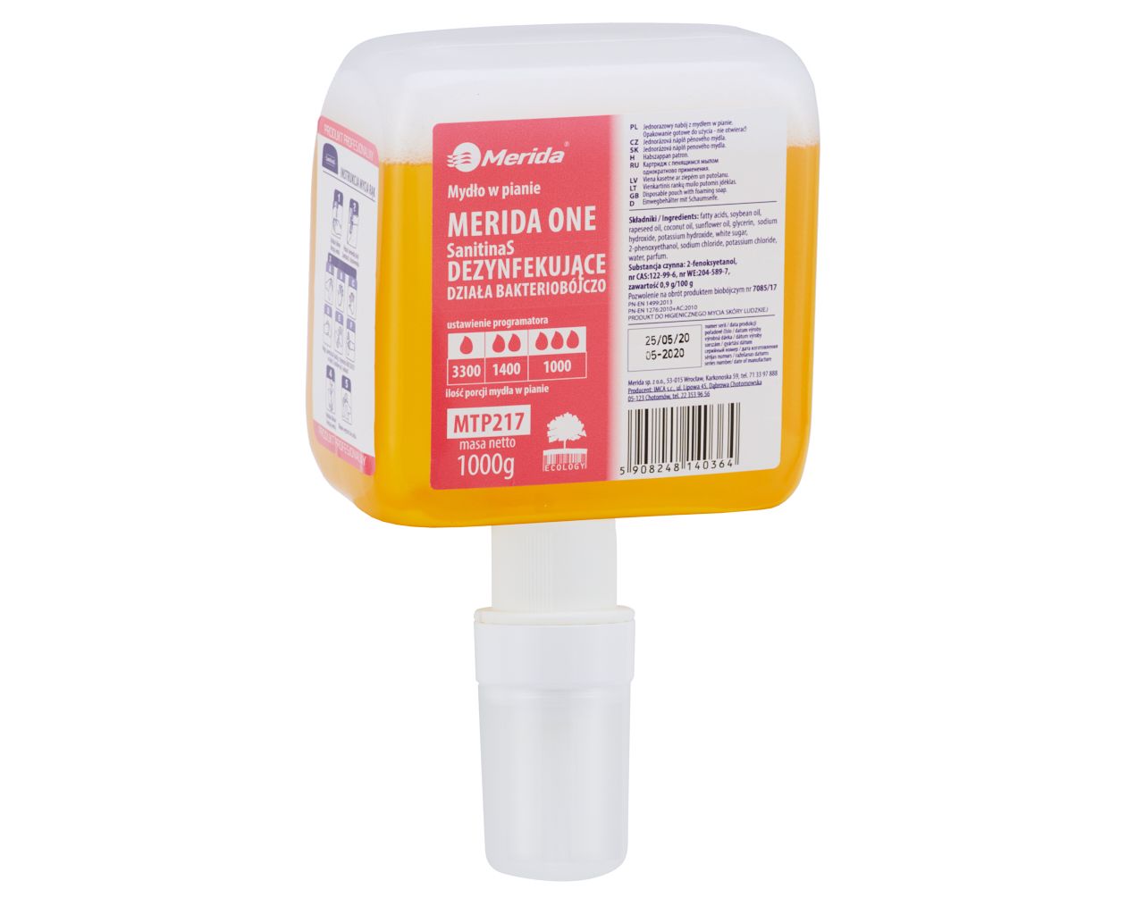 MTP217 ONE SANITINAS ДЕЗИНФЕКЦИОННОЕ пенное мыло, одноразовый сменный блок с пенообразующим насосом для автоматических дозаторов, 1000 г, аромат грейпфрута Merida 