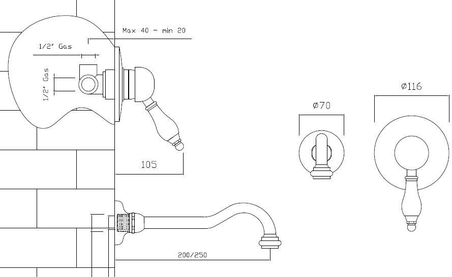 BLEU PROVENCE Смеситель для умывальника настенный на 2 отверстия Rubinetti per lavabo Rk03 - Вид №1