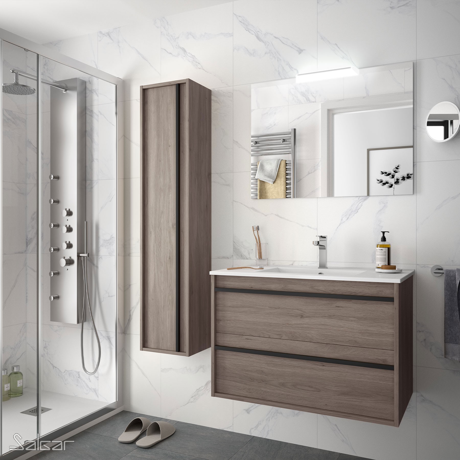 84946 SALGAR Комплект мебели для ванной ATTILA 800 ETERNITY OAK + Раковина + Зеркало + Свет Робл Вечность