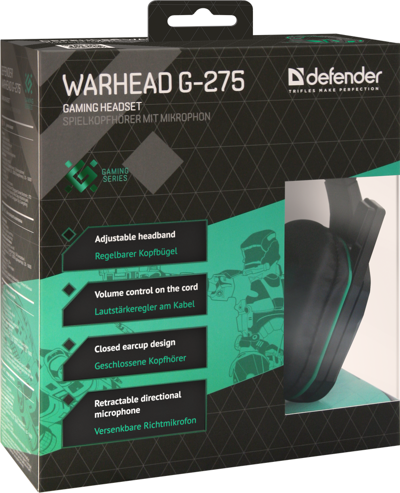 64122 игровая гарнитура warhead g-275 зеленый + черный, кабель 1,8 м Defender Santreyd  - Вид №6