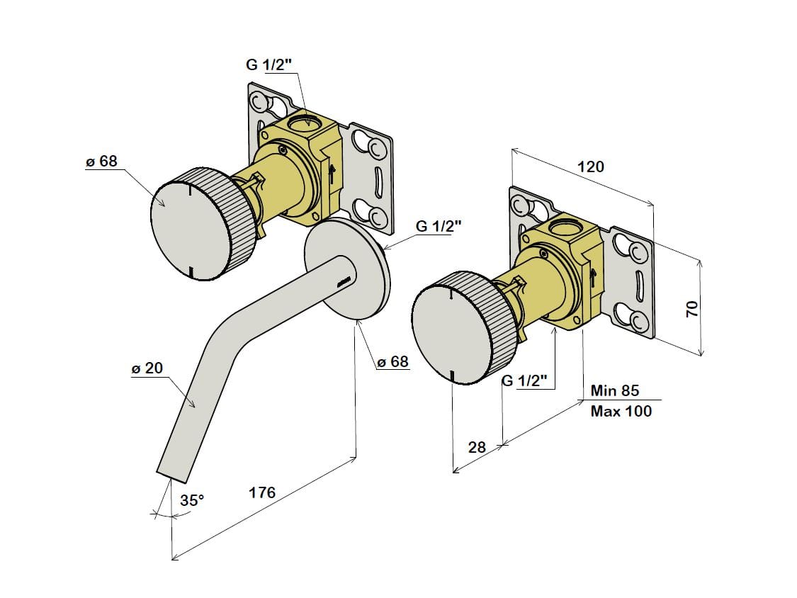 Настенный смеситель для раковины из нержавеющей стали с 3 отверстиями Amphora Reel ARCH-00006159