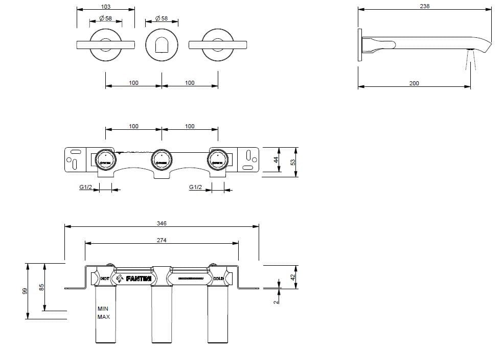 Настенный смеситель для раковины с 3 отверстиями Fantini Rubinetti Sailing ARCH-00030675 - Вид №2