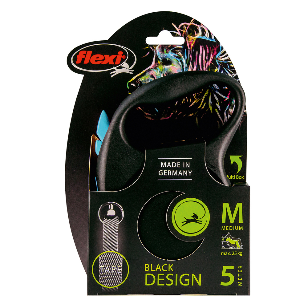 ПР0057827 Рулетка для собак Black Design M (до 25 кг) 5 м лента черный/синий Flexi  - Вид №1