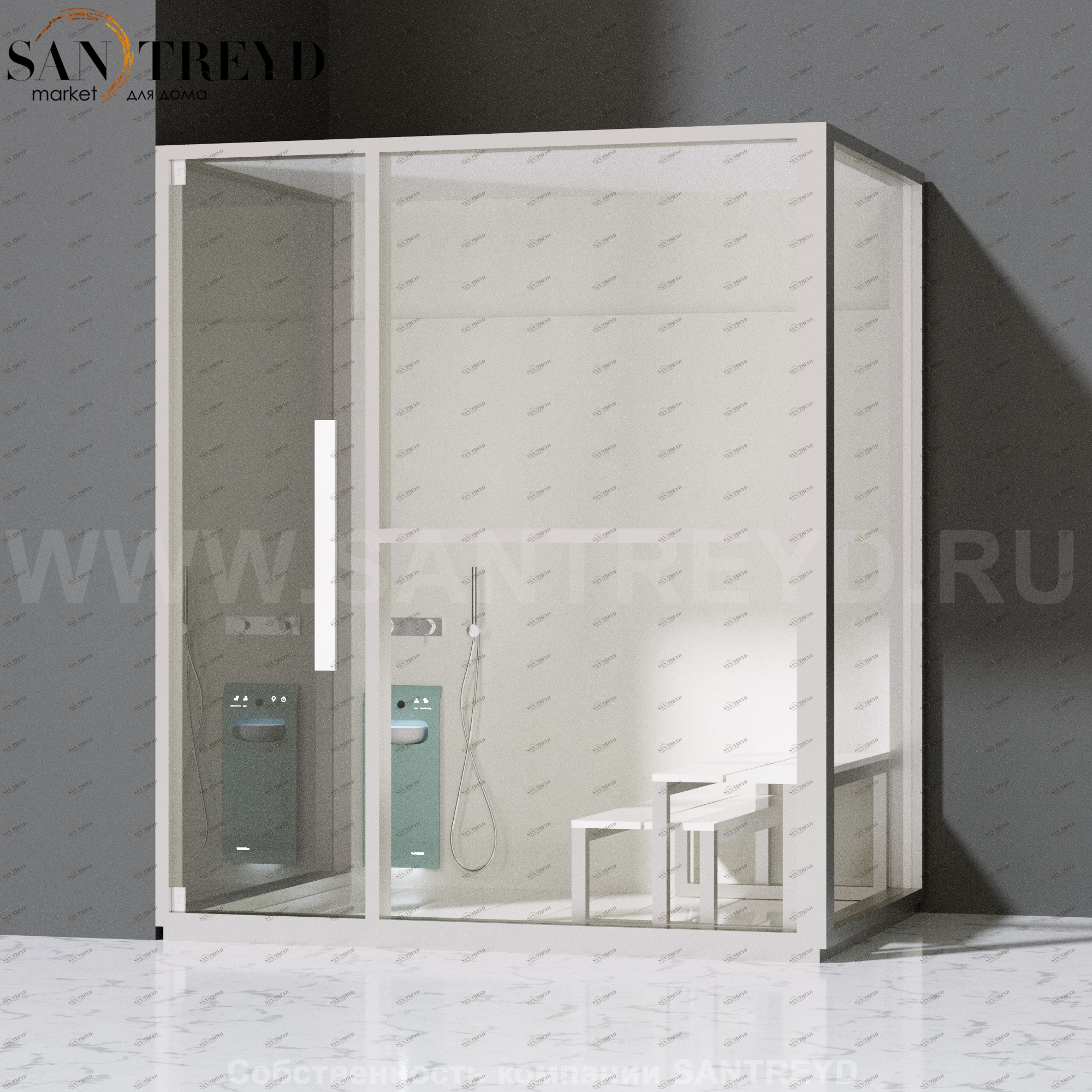 Effegibi H LARGE LO80020003 Комбинированная баня: хаммам и душ. Установка: в левый угол. Правая дверь. Мощность: 4,5 кВт макс. Размеры: длина 173 см, ширина 102 см. Отделка: матовый лакированный белый аллюминий и серый ламинат из керамогранита.