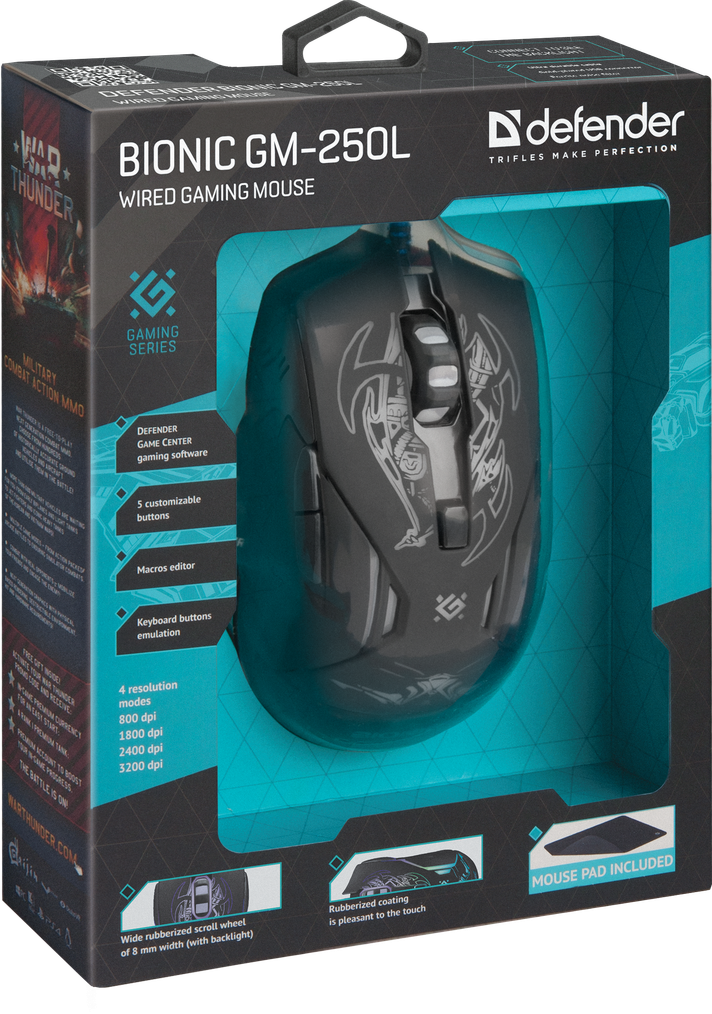 52250 проводная игровая мышь bionic gm-250l оптика,6кнопок,800-3200dpi Defender Santreyd  - Вид №6