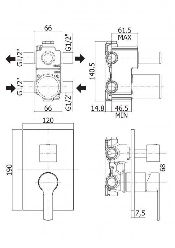 Встраиваемый смеситель для душа с поворотным переключателем на 3 выхода CEZARES OVEST-DEV3-BIO  - Вид №1