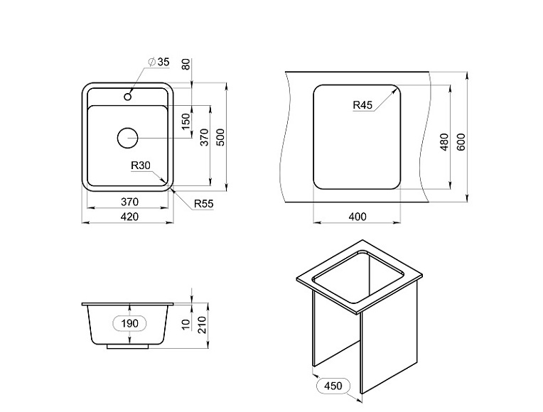 4202, БАЗАЛЬТ, кухонная мойка, СтандАРТ кварц GRANULA Standart 4202-ST24 - Вид №2
