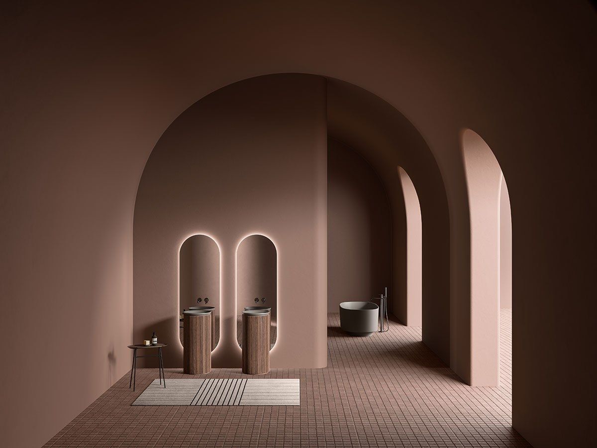 Круглый отдельно стоящий умывальник из мрамора и дуба Inbani решетки ARCH-00019008