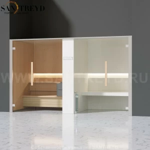 Effegibi LOGICAFILO SH LO41020005 Комбинированная баня: хаммам и сауна. Установка: в нишу. Мощность: 10,5 кВт макс. Размеры: длина 373 см, ширина 171 см. Отделка: канадский хемлок, матовый лакированный белый аллюминий и серый ламинат из керамогранита.