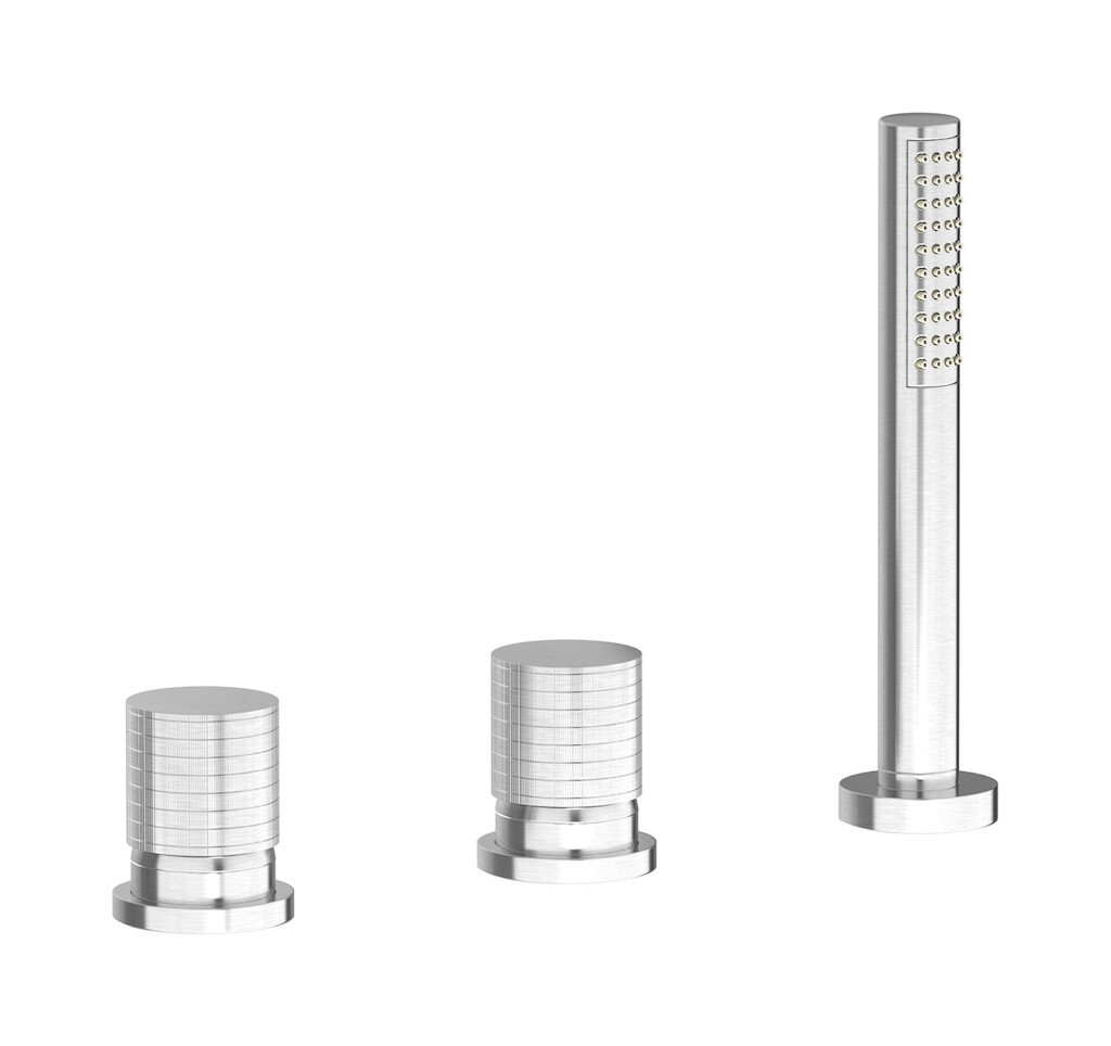 Смеситель на бортик ванной на 3 отверстия с изливом, дивертером и душевым гарнитуром. WE ARE IB ga397ss Brushed Nickel Gatsby