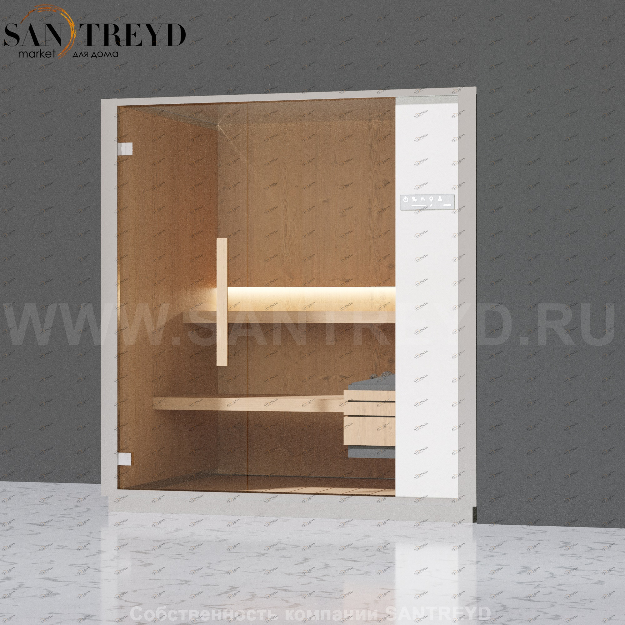 Effegibi ONE S LO50020007 Сауна. Установка: в правый угол. Правая дверь. Мощность: 6 кВт макс. Размеры: длина 214 см, ширина 171 см. Отделка: канадский хемлок, матовый лакированный серый аллюминий и бежевый ламинат из керамогранита.