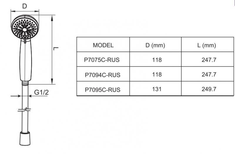 Душевая лейка с тремя режимами переключения LINE P7075C-RUS bravat - Вид №2