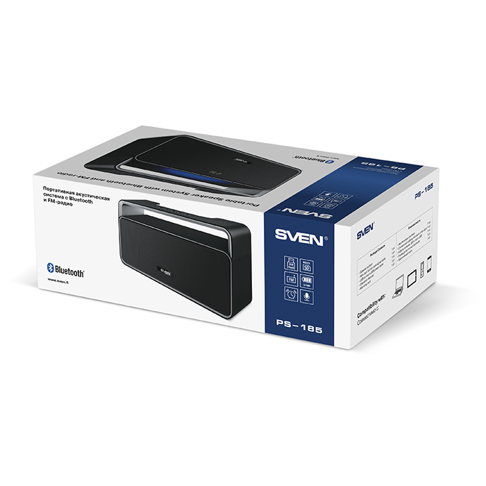 SV-015893 ps-185, черный, акустическая система 2.0, мощность 2x5 вт (rms), bluetooth, fm, usb, microsd, led-дисплей, часы, будильник, ручка для переноски, встроенный аккумулятор) Sven Santreyd  - Вид №7