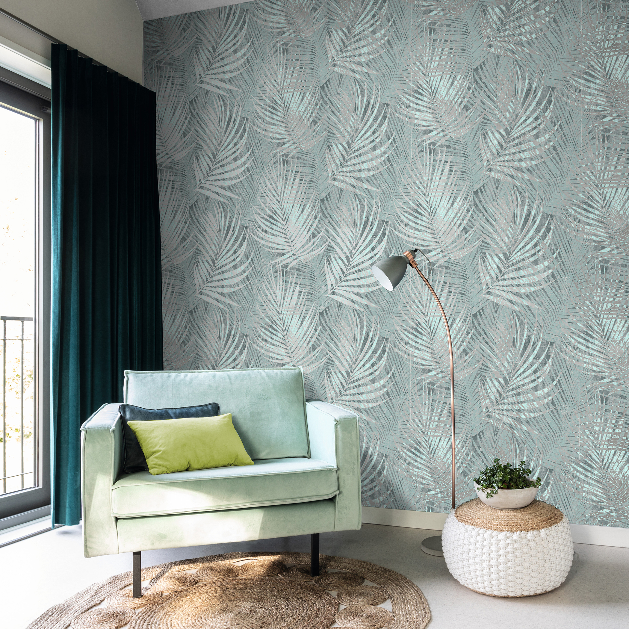 Флизелиновые обои WALL UP MOUSSON бирюзовые с растительным орнаментом 87892190 STLM-0076032 - Вид №3