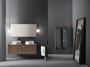 Подвесной шкаф из дерева и керамики со встроенной раковиной