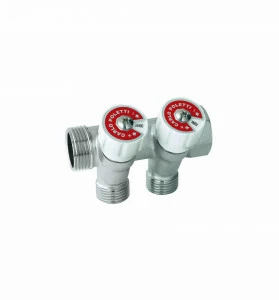 Carlo Poletti C52200TBI35 Коллектор сборный, с регулировочным клапаном. Ручка белая с идентификационными пластинками красный/синий. 2 ответвления, межосевое расстояние 35 мм.