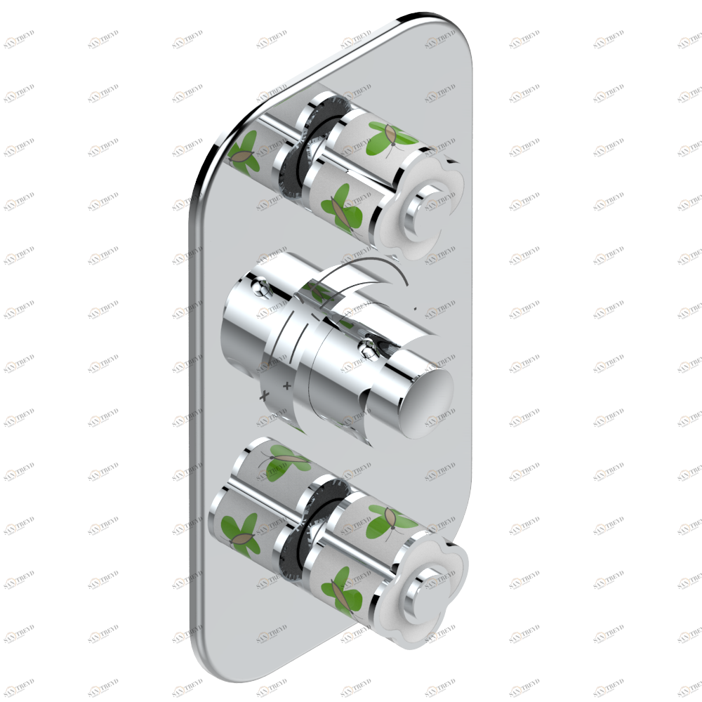 A7E-5400BE Накладка с ручкой регулировки температуры и двумя маховиками для термостатического смесителя 5400AE Thg-paris Capucine зелёный с платиновым декором Хром A7E 5400BE  A02 CAT.A