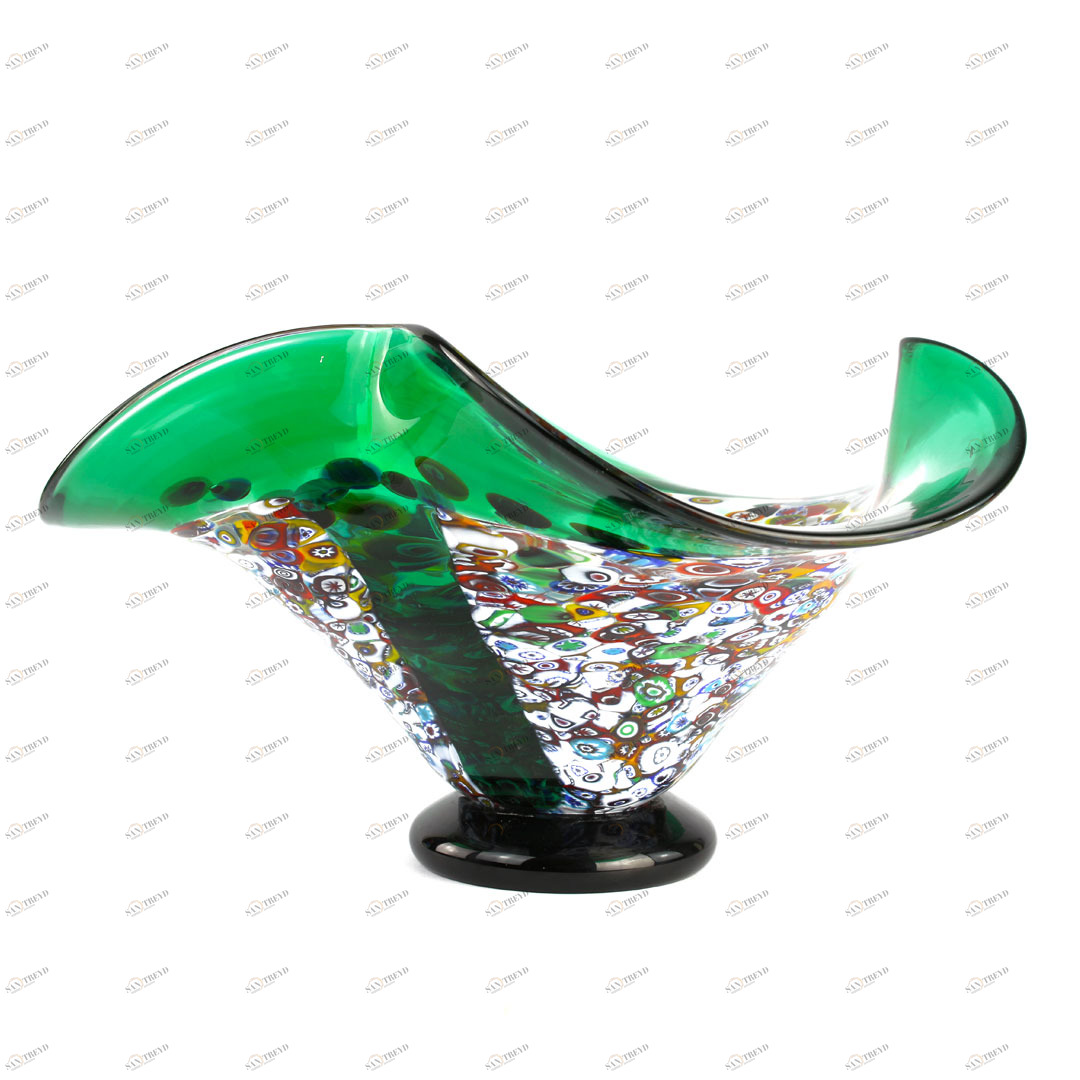 4234 ORIGINALMURANOGLASS Декоративная чаша Капли Муррины - зелёная с серебром - муранское стекло OMG 26 см 