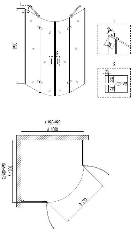 Душевое ограждение NG- 6616-08 (100*100*190) полукруг, двери распашные, 1 место Niagara Nova 66160811 - Вид №2