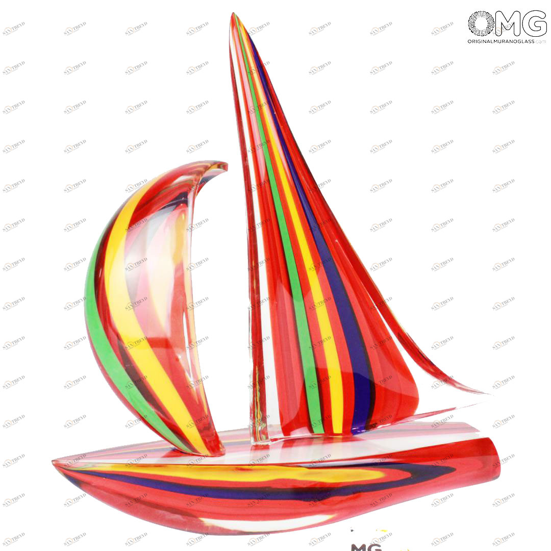 1604 ORIGINALMURANOGLASS Скульптура Красный Парусник с цветными полосками - автор Andrea Tagliapietra - муранское стекло 33 см 