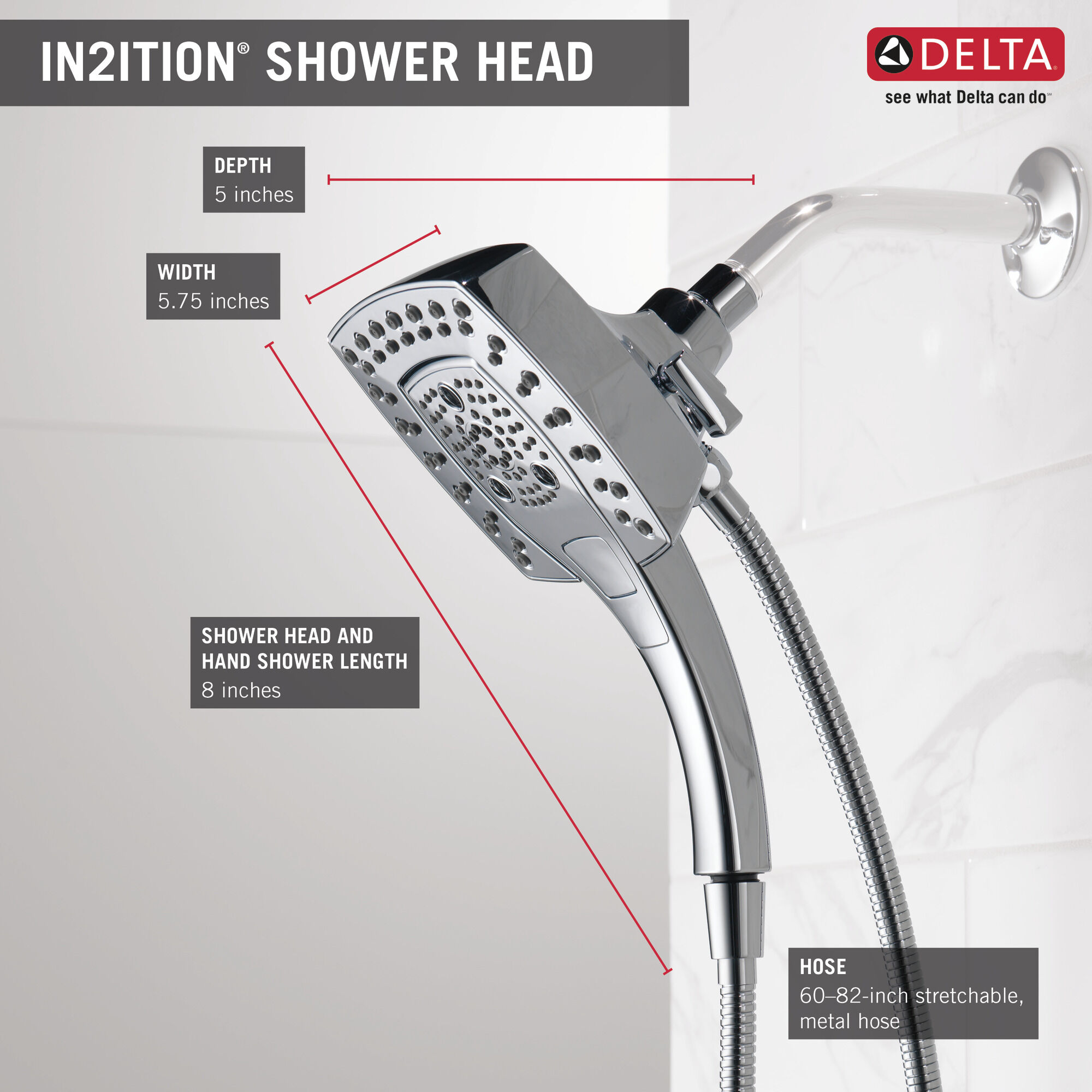 58474 H2Okinetic® In2ition® Душ два в одном с 5 настройками Delta Faucet Universal Showering Хром  - Вид №9