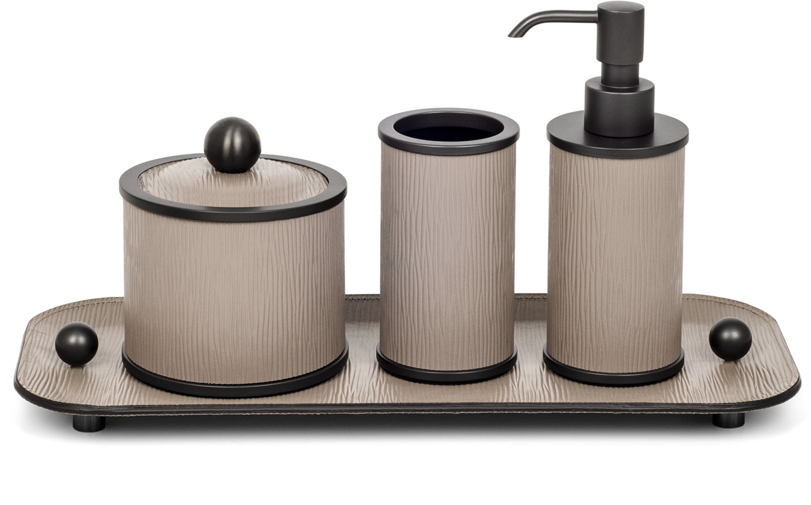 Круглый комплект для ванной комнаты Olimpia - 36X15XH17 см / металлическая отделка_вороненая латунь / зерненая кожа_верблюжьего цвета