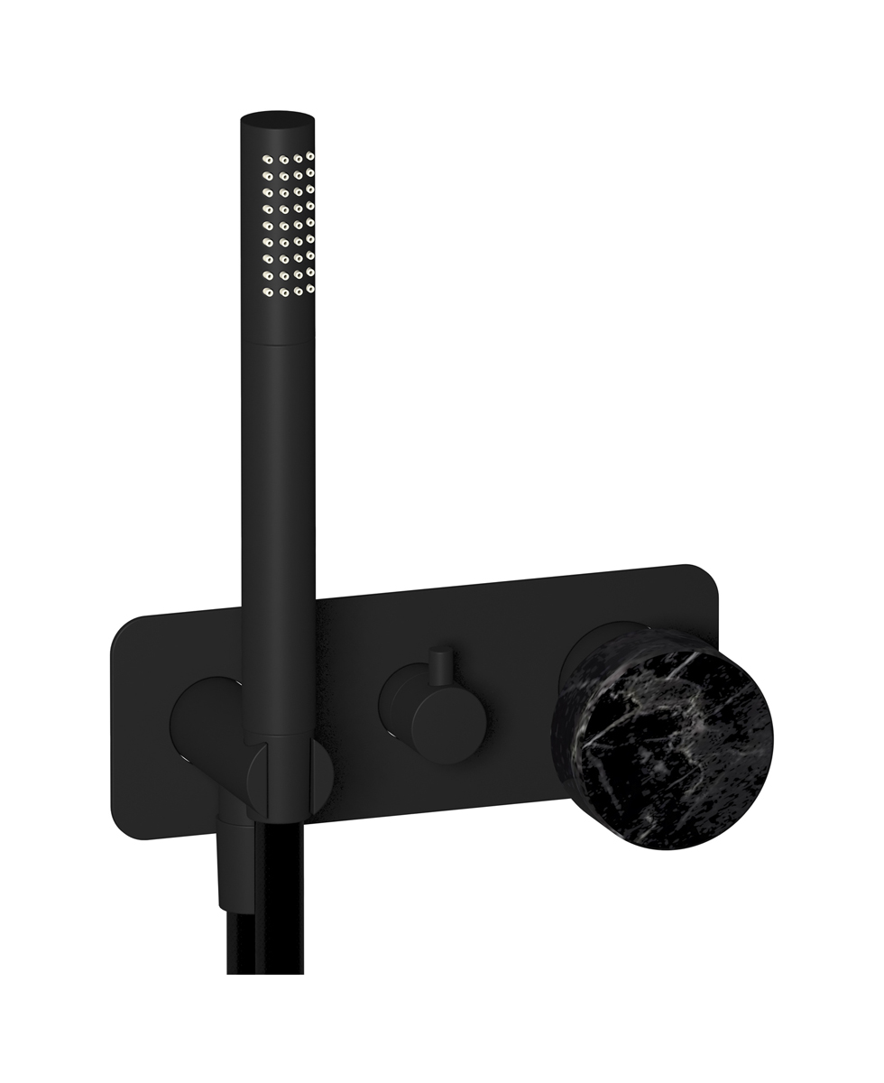 Внешние части встроенного в стену смесителя на 2 потребителя в комплекте с душевым гарнитуром. WE ARE IB mr313np_2 Matt Black Marmo