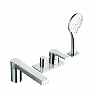 CRIOG121 Смеситель для ванны, устанавливаемый на палубе, на 4 отверстия, с переключателем, изливом, выдвижным ручным душем с защитой от известкового налета, 3 функциями, FOLLOW ME и металлической пластиной Cristina Rubinetterie