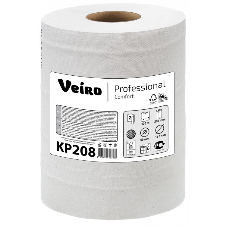 KP208 Veiro Бумажные полотенца в рулонах с центральной вытяжкой Veiro Professional Comfort KP208 C1/С2-M2 6 рулонов по 100 м 