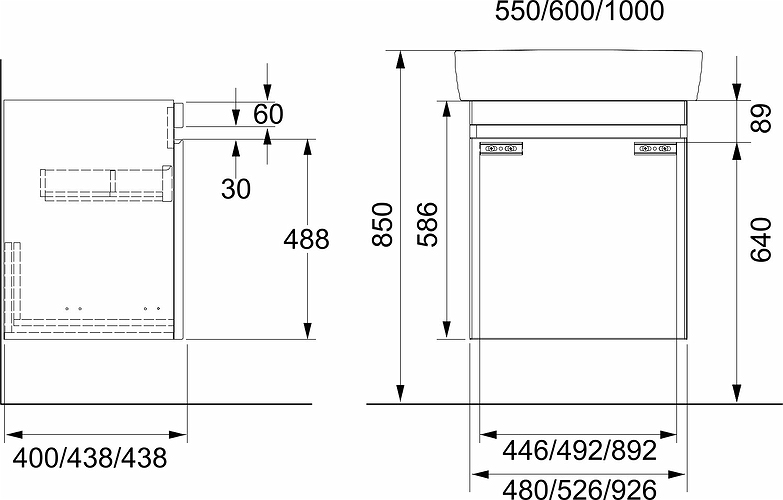 44758 IFO Renova Плоская тумба для умывальника с ящиком и внутренним ящиком, W = 480 мм, W1 = 550 мм, T = 400 мм, вяз, пленка  - Вид №11