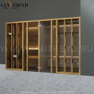 Effegibi YOKU.S SH YO.10220002 Комбинированная баня: хаммам и сауна. Установка: в правый угол. Мощность: 10,5 кВт макс. Размеры: длина 342 см, ширина 170 см. Отделка: термообработанное дерево и темный керамогранит