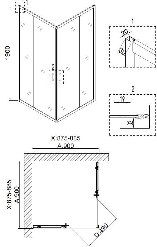 Душевое ограждение NG- 6608-08 (90*90*190) квадрат, двери раздвижные, 1 место Niagara Nova 66080811 - Вид №2