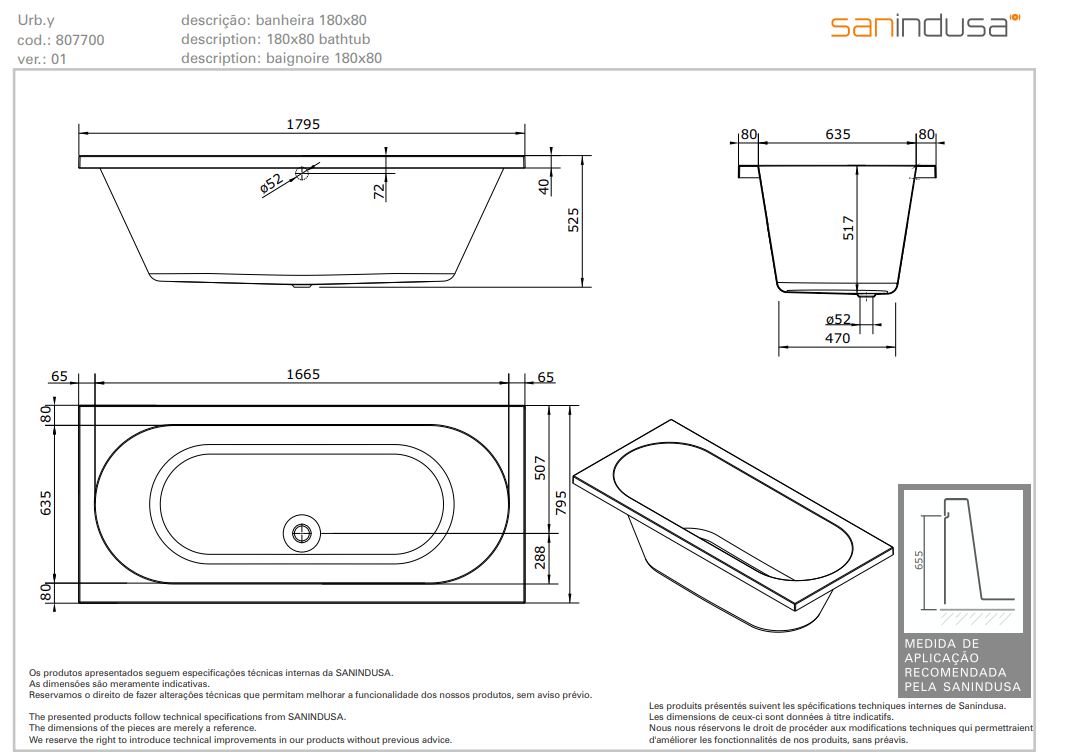 Ванна акриловая Sanindusa Urb.y 180х80 8077000000 - Вид №1