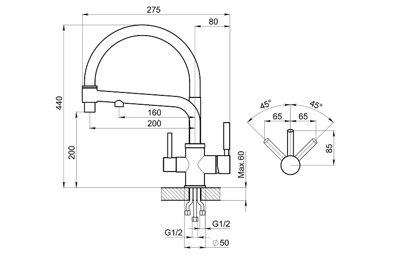 0083, ГРАФИТ (ЧЁРНО-СЕРЫЙ), СМЕСИТЕЛЬ КУХОННЫЙ GRANULA 83-ST153 - Вид №2