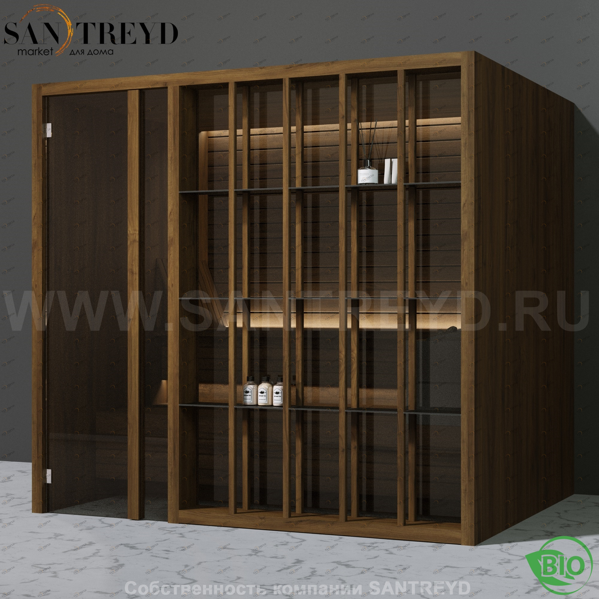 Effegibi YOKU.S105 BI.70100002 Био-сауна с левой дверью. Мощность: 12 кВт макс. Размеры: длина 230 см, ширина 200 см. Отделка: чёрный орех BI70100002