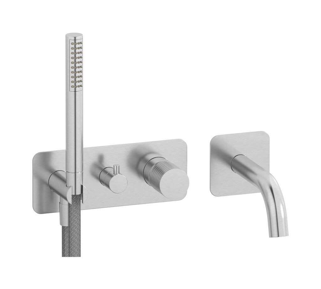 Настенный смеситель для ванной на дивертером и душевым гарнитуром. WE ARE IB ga398ss Brushed Nickel Gatsby