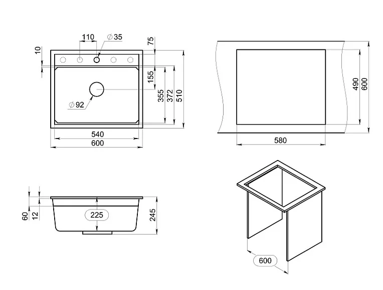 KS-6003, ШВАРЦ (чёрный металлик), кухонная мойка, кварц GRANULA 6003-ST305 - Вид №3