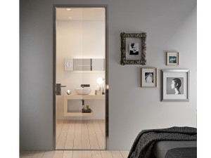 Стеклянная и алюминиевая конструкция распашной двери