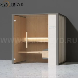 Effegibi ONEFILO S LO51010001 Сауна. Установка: к стене. Правая дверь. Мощность: 4,5 кВт макс. Размеры: длина 214 см, ширина 171 см. Отделка: матовый лакированный серый аллюминий и бежевый ламинат из керамогранита.