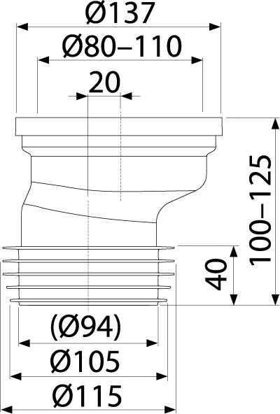 Патрубок для унитаза эксцентрический 20 мм ALCAPLAST A99120 - Вид №1