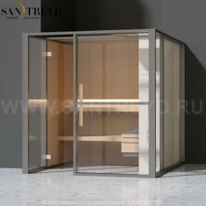 Effegibi LOGICAFILO S LO21010013 Сауна. Установка: в левый  полуугол. Правая дверь. Мощность: 6 кВт макс. Размеры: длина 214 см, ширина 250 см. Отделка: канадский хемлок, матовый лакированный серый аллюминий и бежевый ламинат из керамогранита.