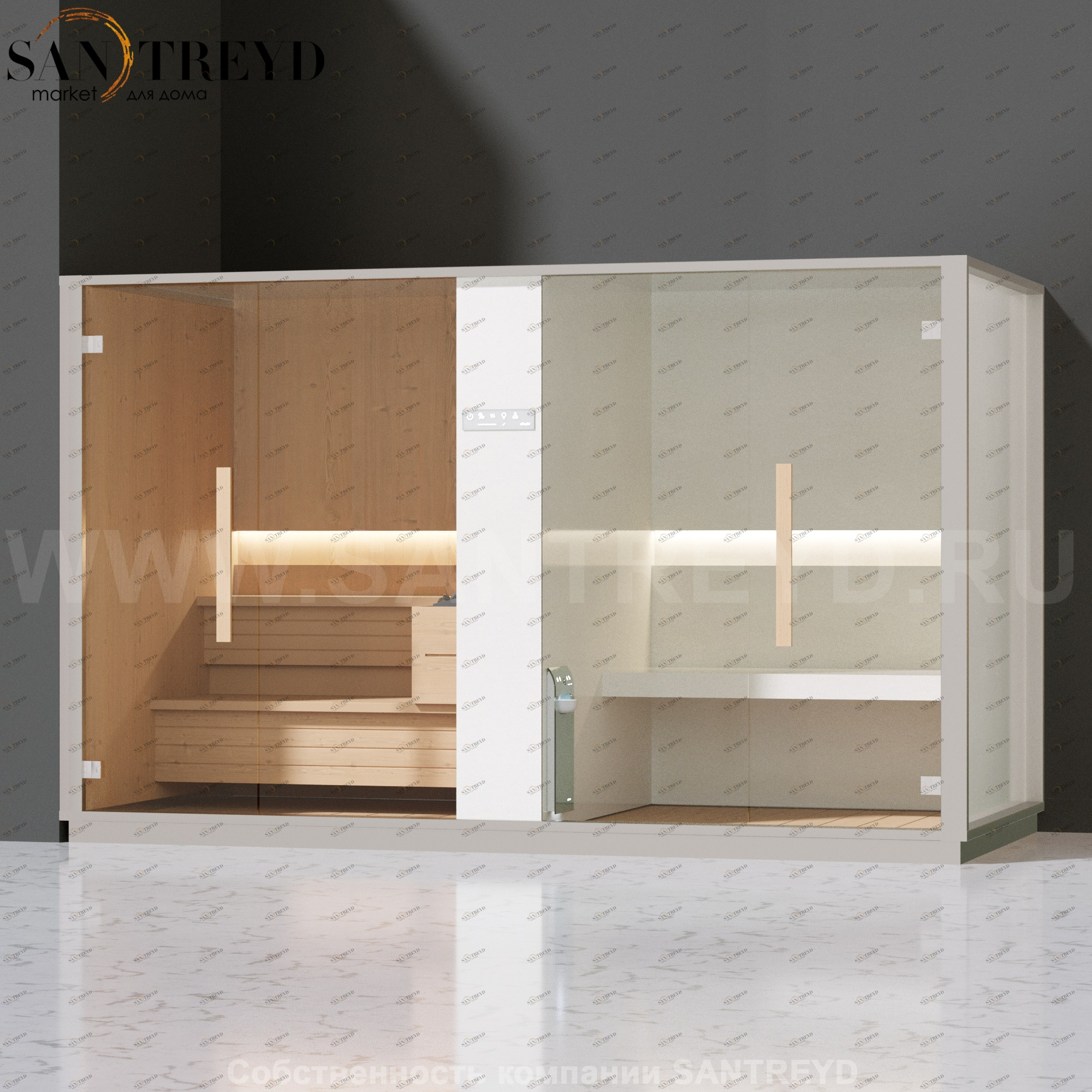 Effegibi LOGICA SH LO40020003 Комбинированная баня: хаммам и сауна. Установка: в левый угол. Мощность: 10,5 кВт макс. Размеры: длина 373 см, ширина 171 см. Отделка: канадский хемлок, матовый лакированный белый аллюминий и серый ламинат из керамогранита.