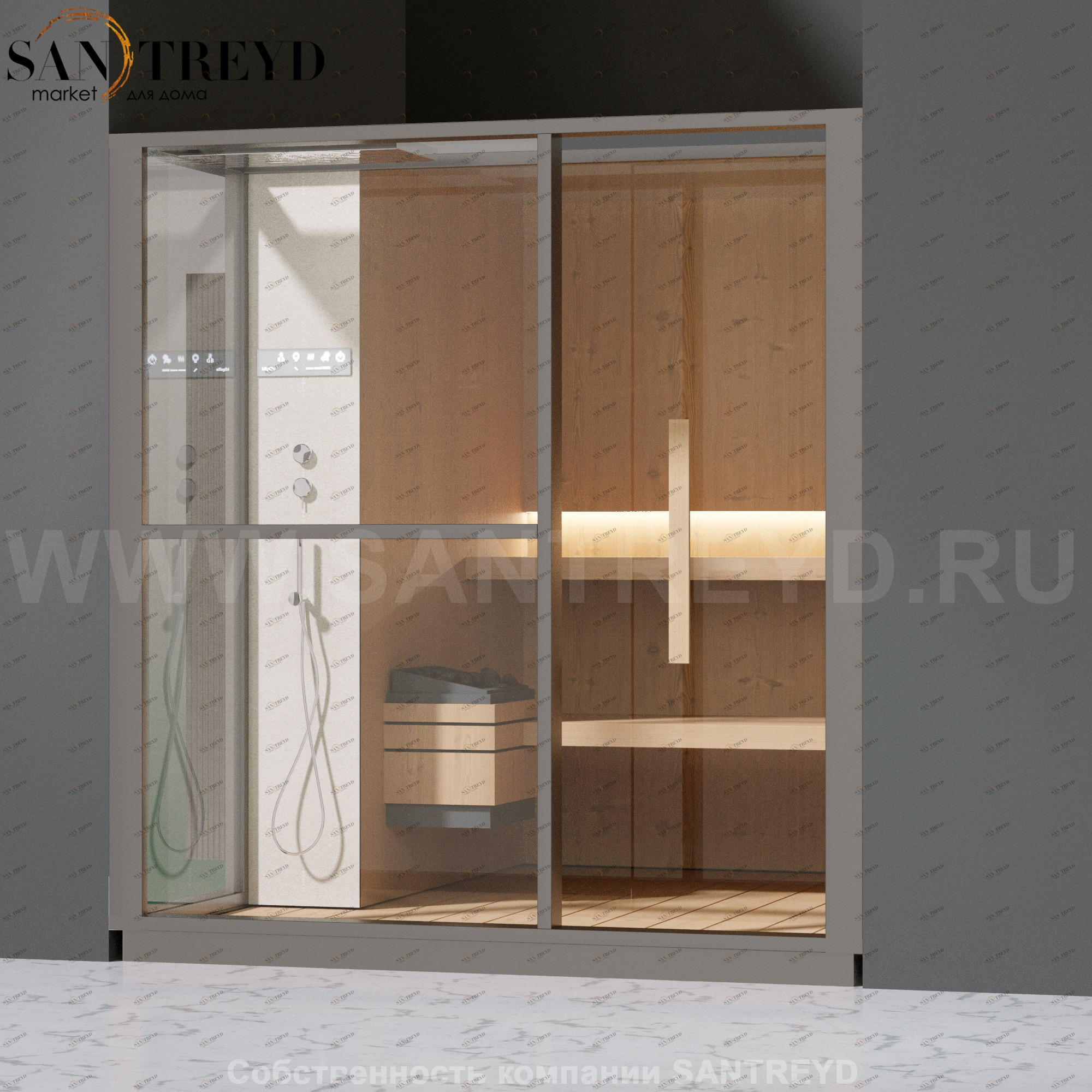 Effegibi LOGICA S LO20010010 Сауна. Установка: в нишу. Левая дверь. Мощность: 6 кВт макс. Размеры: длина 214 см, ширина 250 см. Отделка: канадский хемлок, матовый лакированный серый аллюминий и бежевый ламинат из керамогранита.