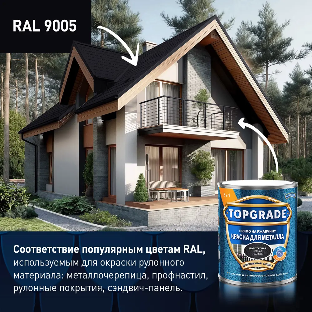 Грунт-эмаль по металлу 3 в 1 Topgrade молотковая цвет черный 2 л STLM-2023220 - Вид №6